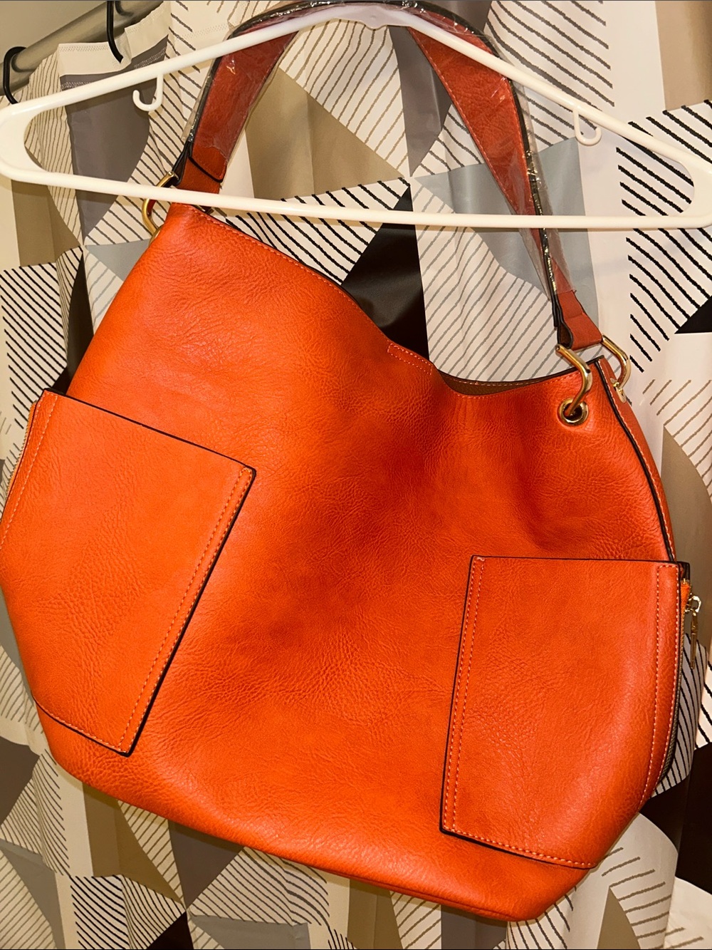 Spacious Orange Shoulder Bag with Front Patch Pockets